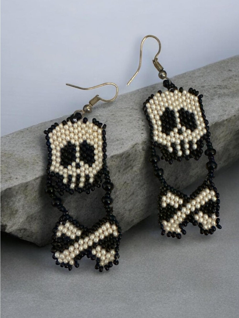 Beaded Skull and Crossbones Drop Earrings - Black & Cream
